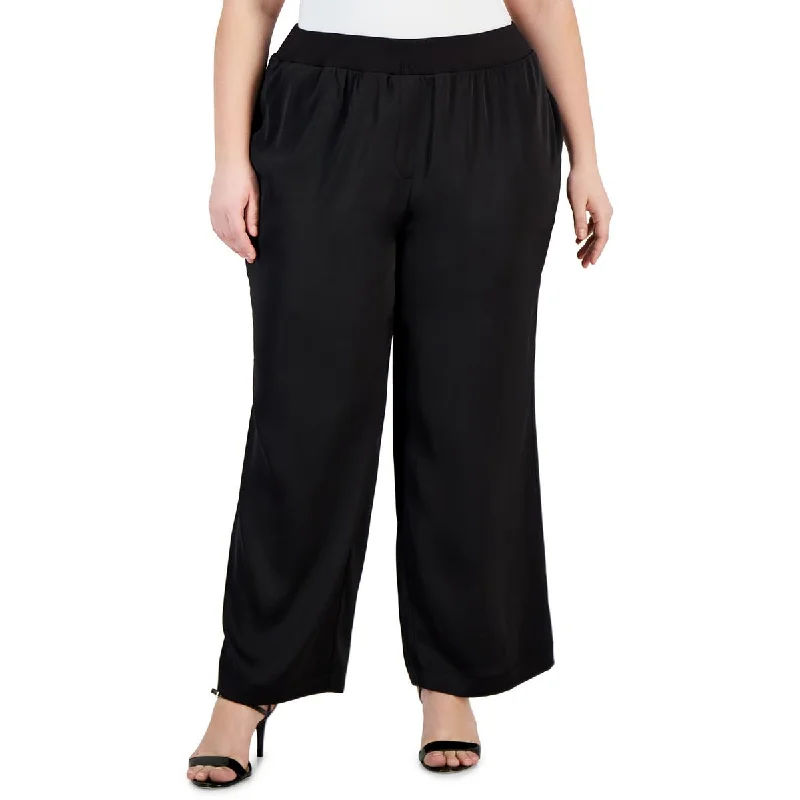 Smart casual tight trousers for women with cuffed ankle and tailored design -Calvin Klein Womens Plus Satin High Waist Wide Leg Pants