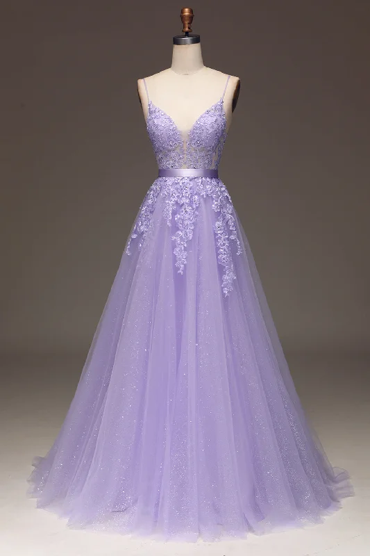 Sheath Dresses for Sophisticated -Purple A-Line Spaghetti Straps Long Beaded and Tulle Prom Dress with Appliques