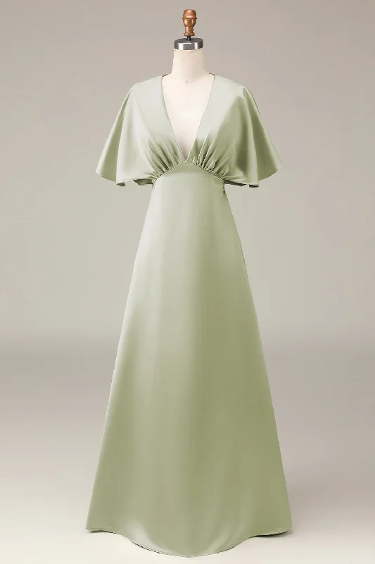 Buttoned Dresses for Stylish -Dusty Sage V-neck Short Sleeves A-line Satin Bridesmaid Dress