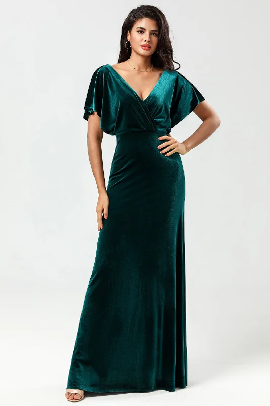 Modern Dresses for Trendy -Confidently Charismatic A Line V-Neck Peacock Velvet Bridesmaid Dress with Ruffles