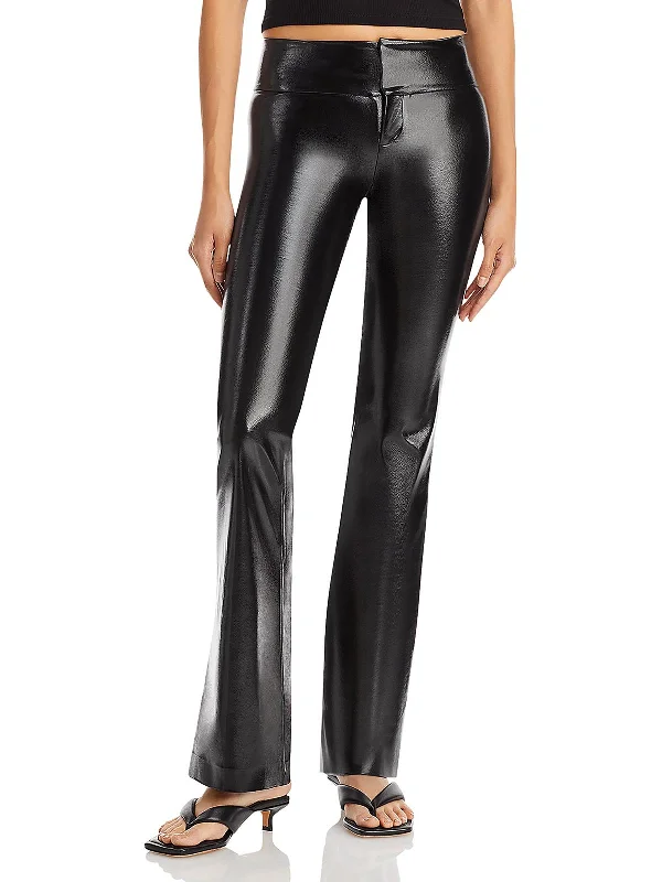 Tapered tight trousers for women with ankle-length fit and minimalist style -Womens Faux Leather Flare Flared Pants