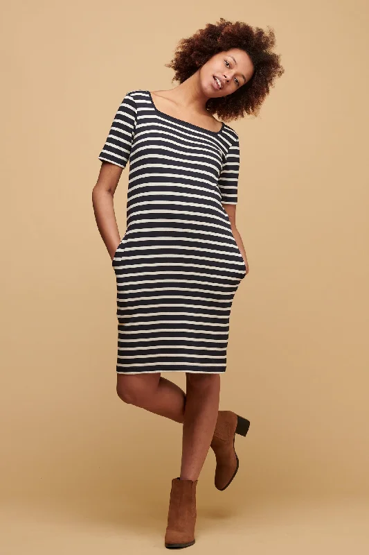 Gray Dresses for Subtle -Women's Breton Square Neck Dress - Navy/Ecru