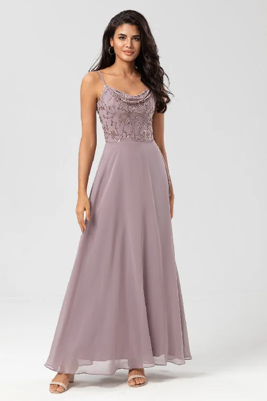 Casual Dresses for Everyday -Certifiably Chic A Line Spaghetti Straps Dusty Pink Long Bridesmaid Dress with Beaded