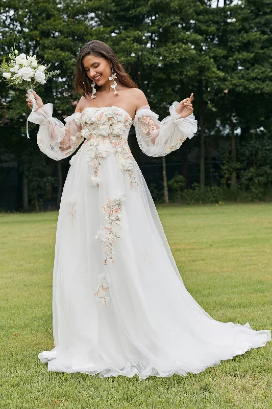 Christmas Dresses for Holiday -Ivory Detachable Long Sleeves Sweep Train Wedding Dress with 3D Flowers