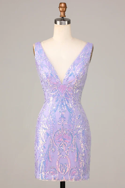 Studded Dresses for Statement -Lost In Your Eyes Bodycon V-Neck Lilac Sequins Short Homecoming Dress