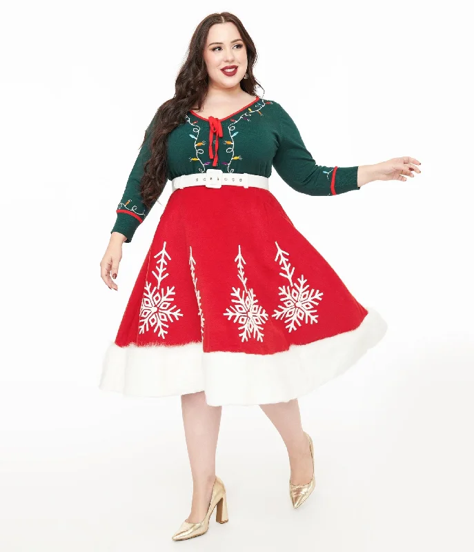 Animal Print Dresses for Fun -Unique Vintage Plus Size 1950s Red Felt & White Fur Snowflake Soda Shop Swing Skirt