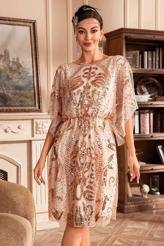 Fringed Dresses for Edgy -Batwing Sleeves Champagne Sequins 1920s Dress