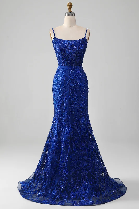 Off-shoulder Dresses for Feminine -Sparkly Royal Blue Mermaid Spaghetti Straps Long Prom Dress With Appliques