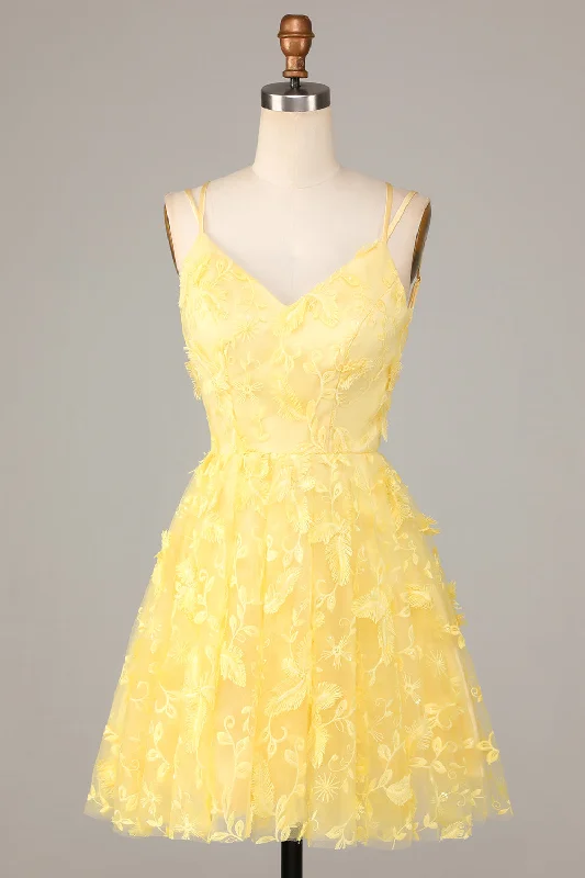 Sequined Dresses for Sparkle -Keep Glowing A Line Spaghetti Straps Yellow Short Homecoming Dress with Appliques