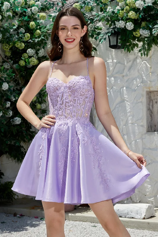 Bridesmaid Dresses for Ceremony -Cute A Line Spaghetti Straps Purple Corset Homecoming Dress with Criss Cross Back