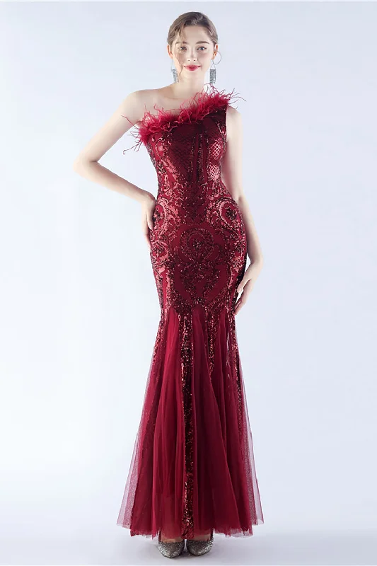 Silk Dresses for Luxurious -Burgundy Mermaid One Shoulder Mesh and Beaded Evening Dress With Feathers