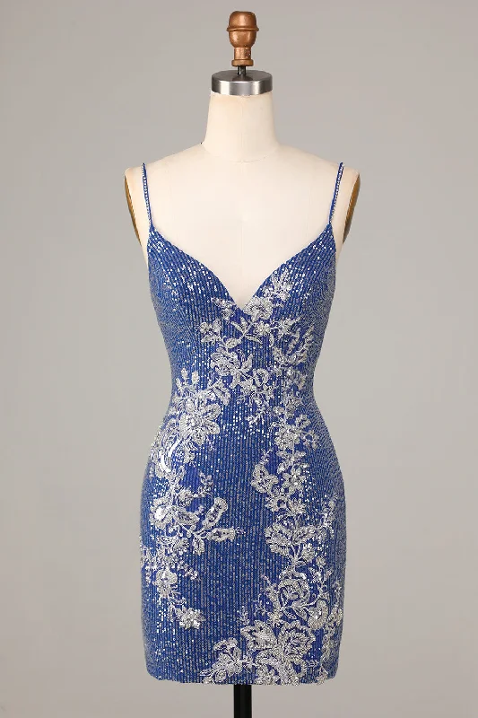 High-waisted Dresses for Flatter -Sparkly Sheath Spaghetti Straps Dark Blue Short Homecoming Dress with Embroidery