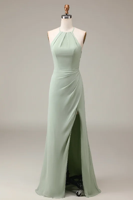 Party Dresses for Celebration -Matcha Halter Neck Sheath Pleated Bridesmaid Dress with Slit