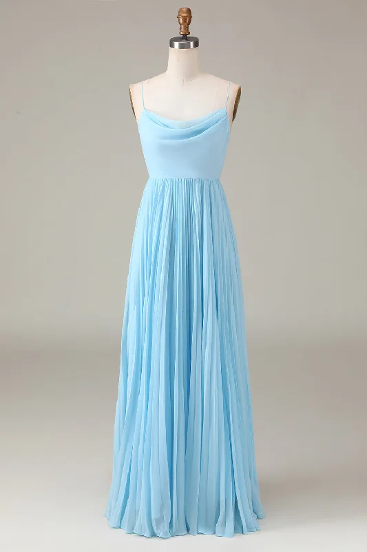 Fashionable Dresses for Style -Sky Blue Spaghetti Straps Cowl Neck Pleated Open Back A-line Chiffon Bridesmaid Dress