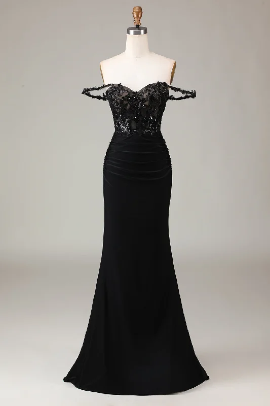 Formal Dresses for Occasions -Off the Shoulder Black Sparkly Mermaid Prom Dress