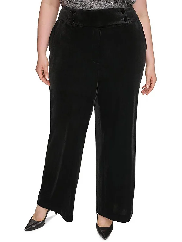 Boho-inspired tight trousers for women with earthy tones and relaxed fit -Plus Whitney Womens Velvet Mid Rise Wide Leg Pants