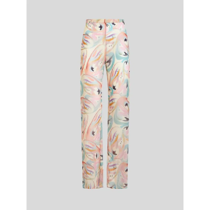 High-waisted tight trousers for women with tapered leg and vintage-inspired design -Silk Trousers With Butterfly Pattern