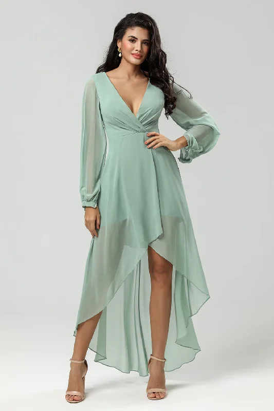 A-line Dresses for Flattering -High-low Chiffon A Line Green Bridesmaid Dress with Long Sleeves