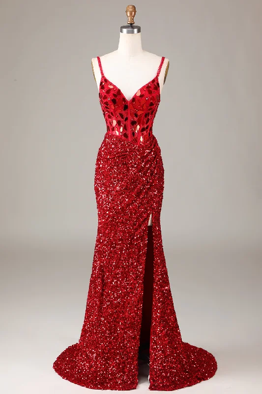 Capri Dresses for Playful -Glitter Mirror Sequins Red Corset Prom Dress with Slit