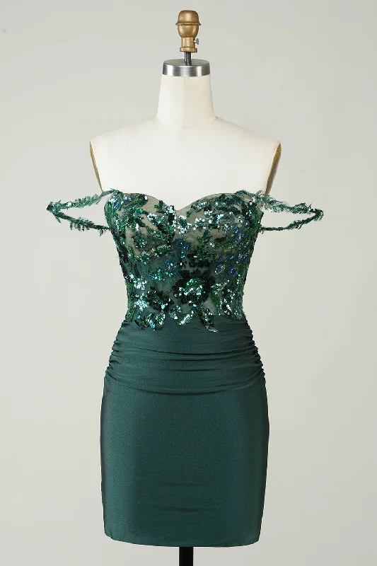 Formal Dresses for Occasions -Unique Sheath Off the Shoulder Dark Green Short Homecoming Dress with Appliques