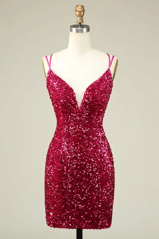 High-waisted Dresses for Flatter -Stylish Fuchsia Spaghetti Straps Tight Homecoming Dress