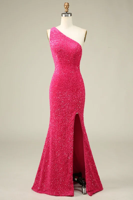 Flared Dresses for Retro -Mermaid One Shoulder Fuchsia Sequins Long Prom Dress with Split Front