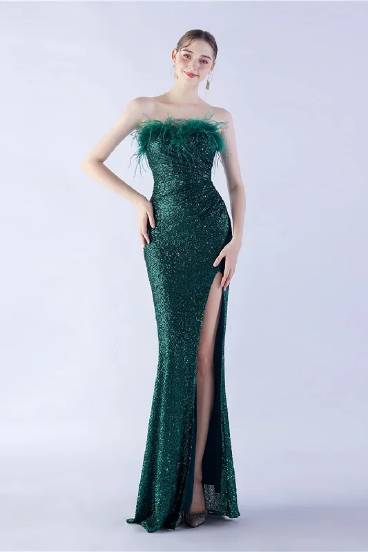 Abstract Dresses for Creative -Dark Green Strapless Sequin Sheath Formal Dress with Feather