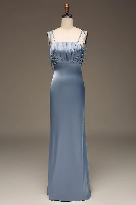 Pencil Dresses for Slimming -Dusty Blue Spaghetti Straps Sheath Satin Pleated Bridesmaid Dress