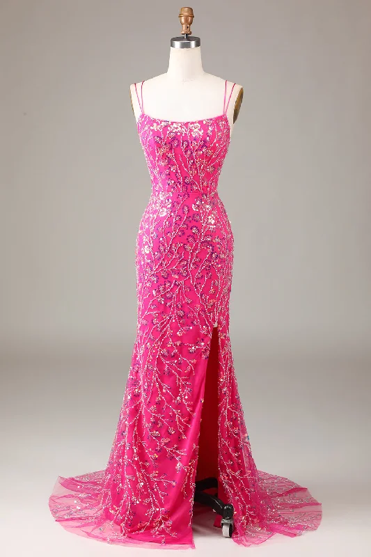 Low-waisted Dresses for Relaxed -Hot Pink Sequins & Beaded Mermaid Prom Dress with Slit