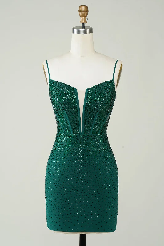 A-line Dresses for Flattering -Sparkly Bodycon Spaghetti Straps Dark Green Short Homecoming Dress with Beading