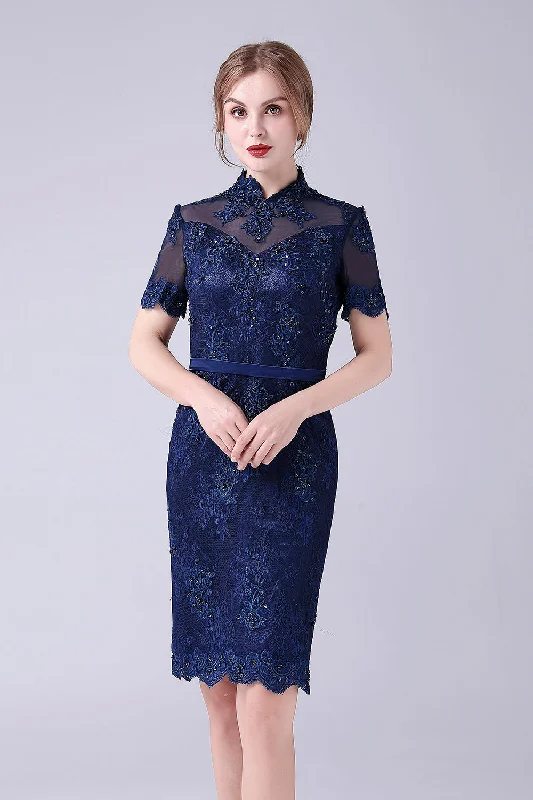 Tie-up Dresses for Decorative -Navy Mermaid Beaded Knee-Length Mother Of the Bride Dress With Appliques