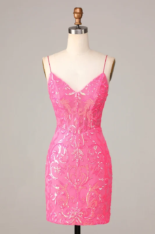 Capri Dresses for Playful -Undeniably Amazing Sheath Spaghetti Straps Fuchsia Sequins Homecoming Dress