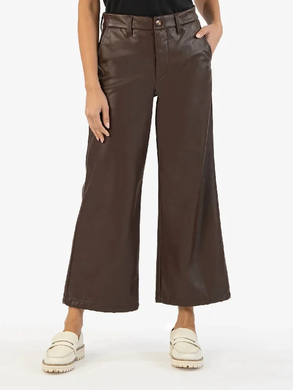 Boho-inspired tight trousers for women with earthy tones and relaxed fit -Aubrielle High Waist Ankle Wide Leg Faux Leather Pants In Chocolate