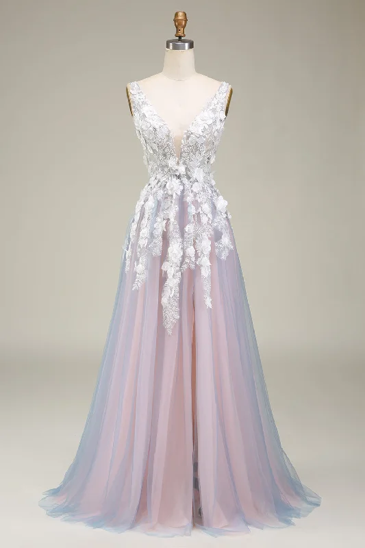 Retro Dresses for Throwback -Gorgeous A Line Deep V Neck Grey Pink Long Prom Dress with Appliques