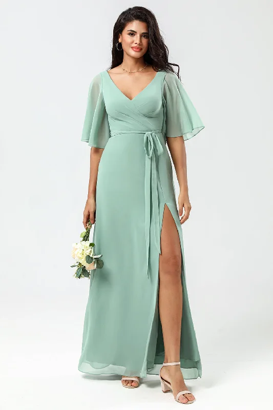 Solid Color Dresses for Simple -Chiffon V-neck Mint Bridesmaid Dress with Slit