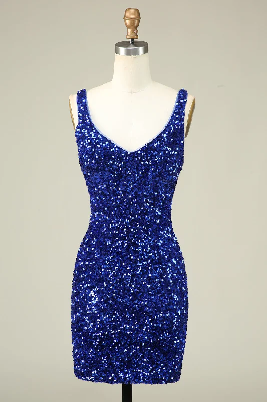 Tiered Dresses for Voluminous -Stylish Sheath V Neck Royal Blue Sequins Short Homecoming Dress