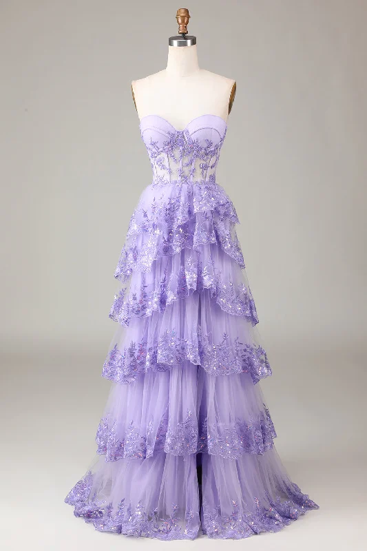 Beaded Dresses for Glamour -Lavender Strapless Tiered Tulle Corset Prom Dress with Appliques