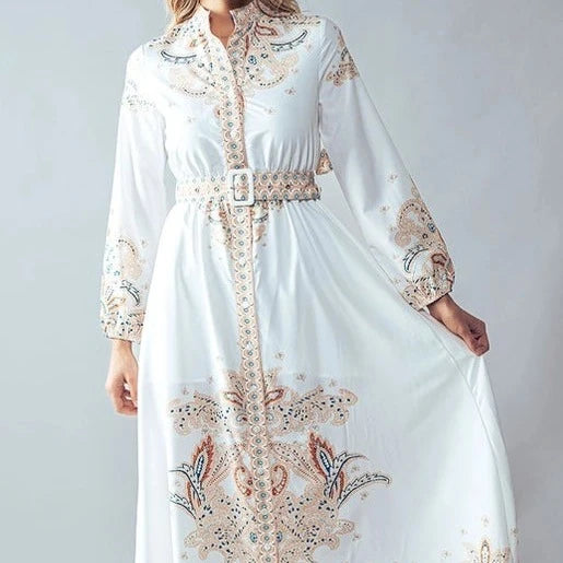 Gray Dresses for Subtle -Women's Western High Neck Paisley Maxi Dress in Cream