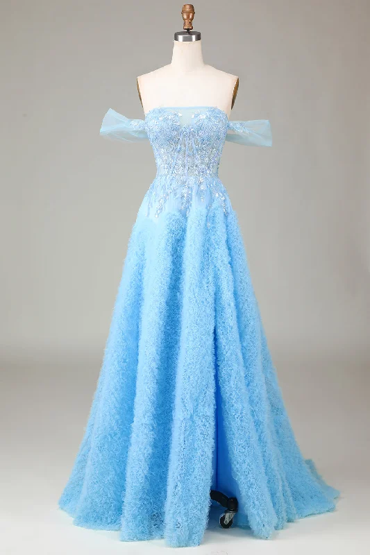 Flared Dresses for Retro -Off the Shoulder Blue A Line Princess Corset Prom Dress with Slit