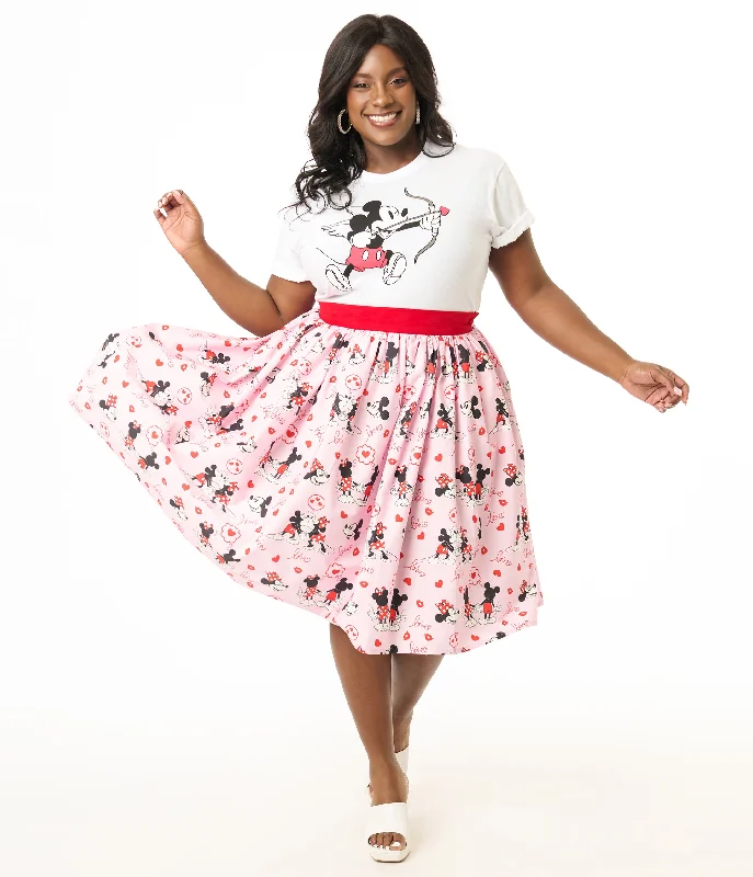 Pink Dresses for Feminine -Disney Valentine Collection by Unique Vintage Plus Size Valentine Mickey & Minnie Cotton Swing Skirt