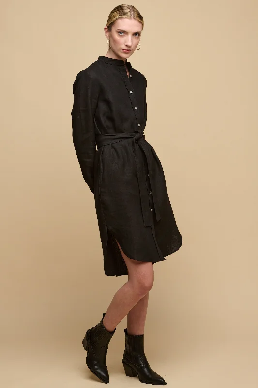 Tie-up Dresses for Decorative -Women's Collarless Shirt Dress - Black Linen