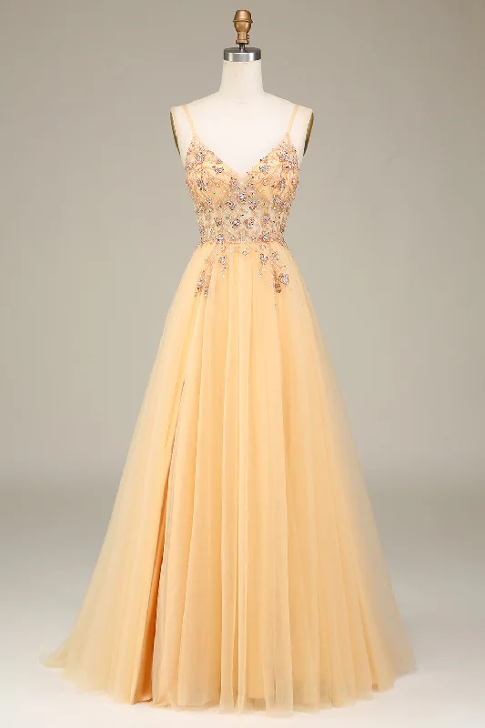 Vintage Dresses for Nostalgia -Charming A Line Spaghetti Straps Golden Long Prom Dress with Beading