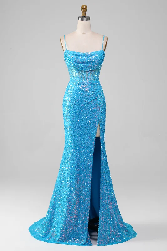 Casual Dresses for Everyday -Spaghetti Straps Blue Sparkly Corset Prom Dress with Slit