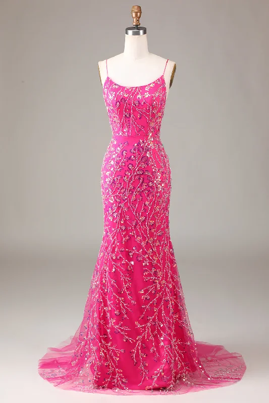 Tie-up Dresses for Decorative -Hot Pink Sequins & Beaded Mermaid Prom Dress with Backless