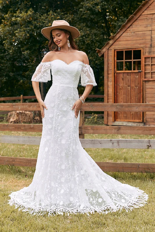 Resort Dresses for Vacation -Ivory Mermaid Lace Sweep Train Wedding Dress with Sleeves