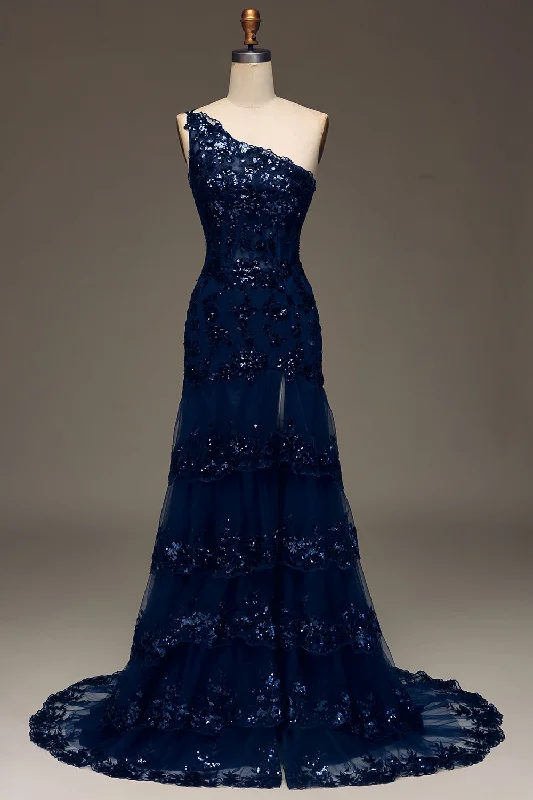 Contemporary Dresses for Fashion -Sparkly Dark Navy Tiered Lace One Shoulder Long Prom Dress with Slit