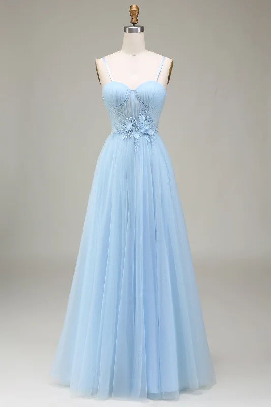 Striped Dresses for Fashionable -Sparkly Light Blue A-Line Tulle Prom Dress With Appliques