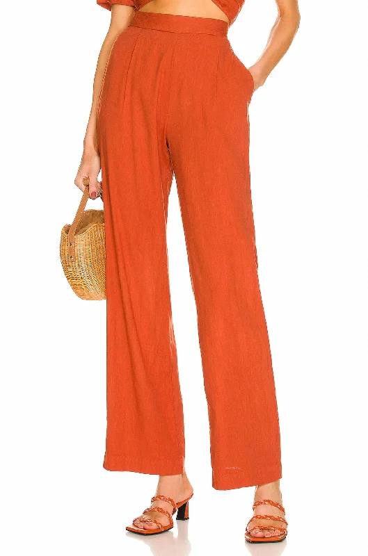 Boho-inspired tight trousers for women with earthy tones and relaxed fit -Linen Pleat Pant In Faded Rust