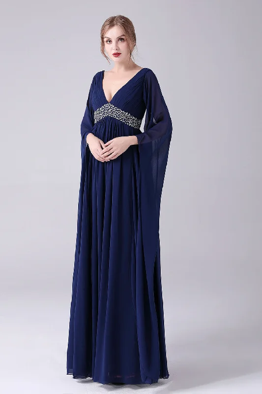 Belted Dresses for Shaping -Navy A-Line V-Neck Chiffon Floor-Length Mother Of the Bride Dress With Pleated