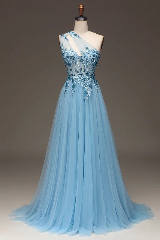 A-line Dresses for Flattering -Light Blue A-Line One Shoulder Sequin Prom Dress with Appliques